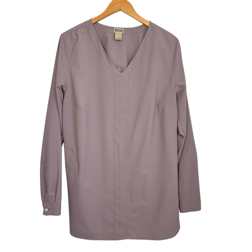 Duluth Trading Womens Nonstop Woven Tunic Top Sz Large Purple Zip Pockets V Neck